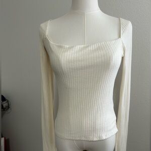 Carbon38 Cream On or Off the Shoulder Ribbed Long Sleeve Shirt